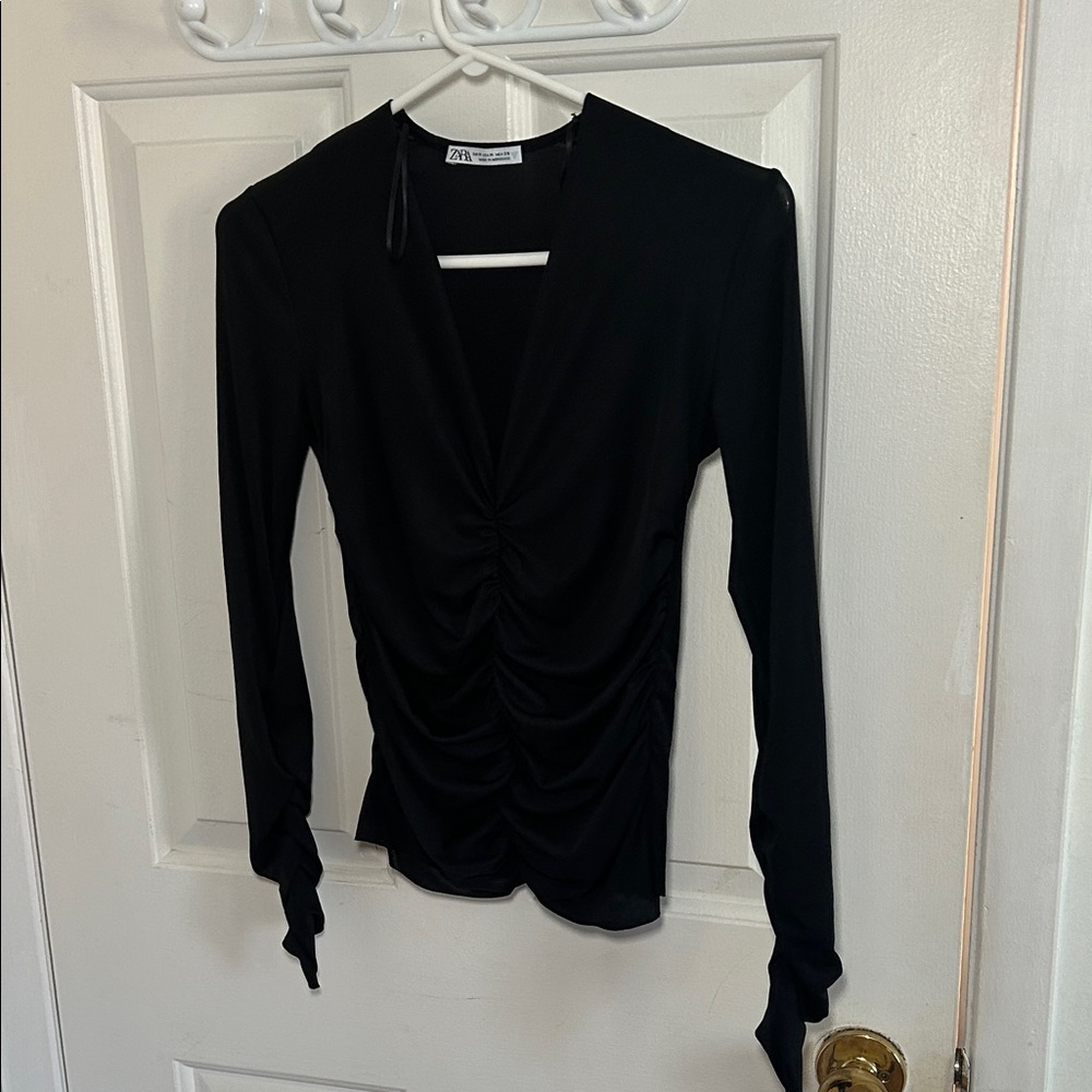 Zara Elegant Black Ruched Blouse